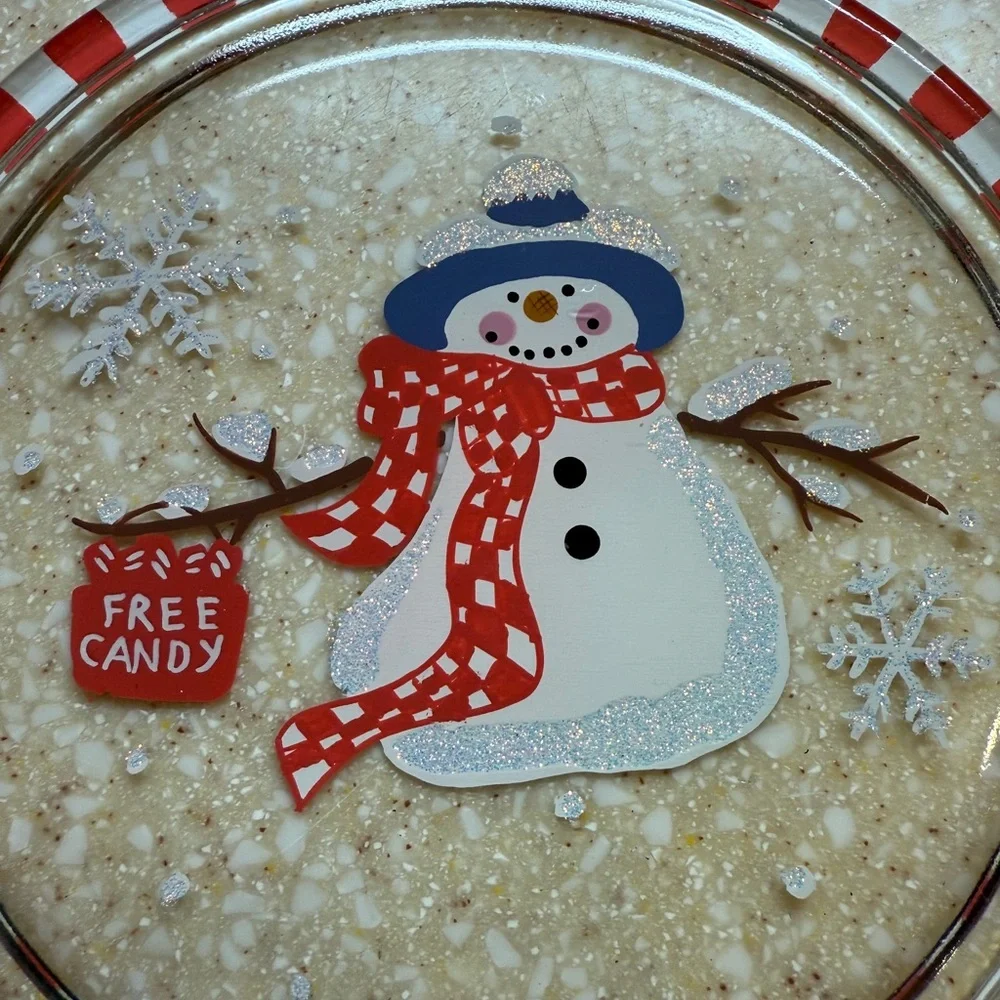 Hallmark Festive Christmas Reverse Painted Snowman Snowflake Holiday Plate 7”